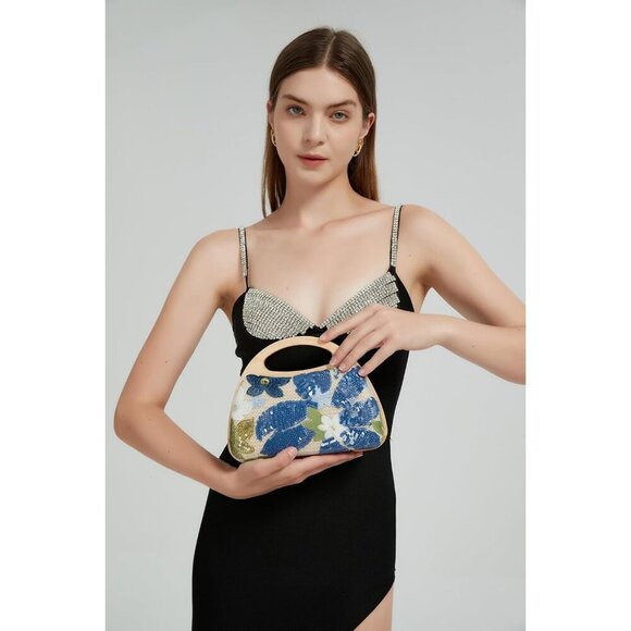 Blue Straw Clutch Handbag for Women, Woven Summer Evening Party Bag with Removab - Picture 2 of 6